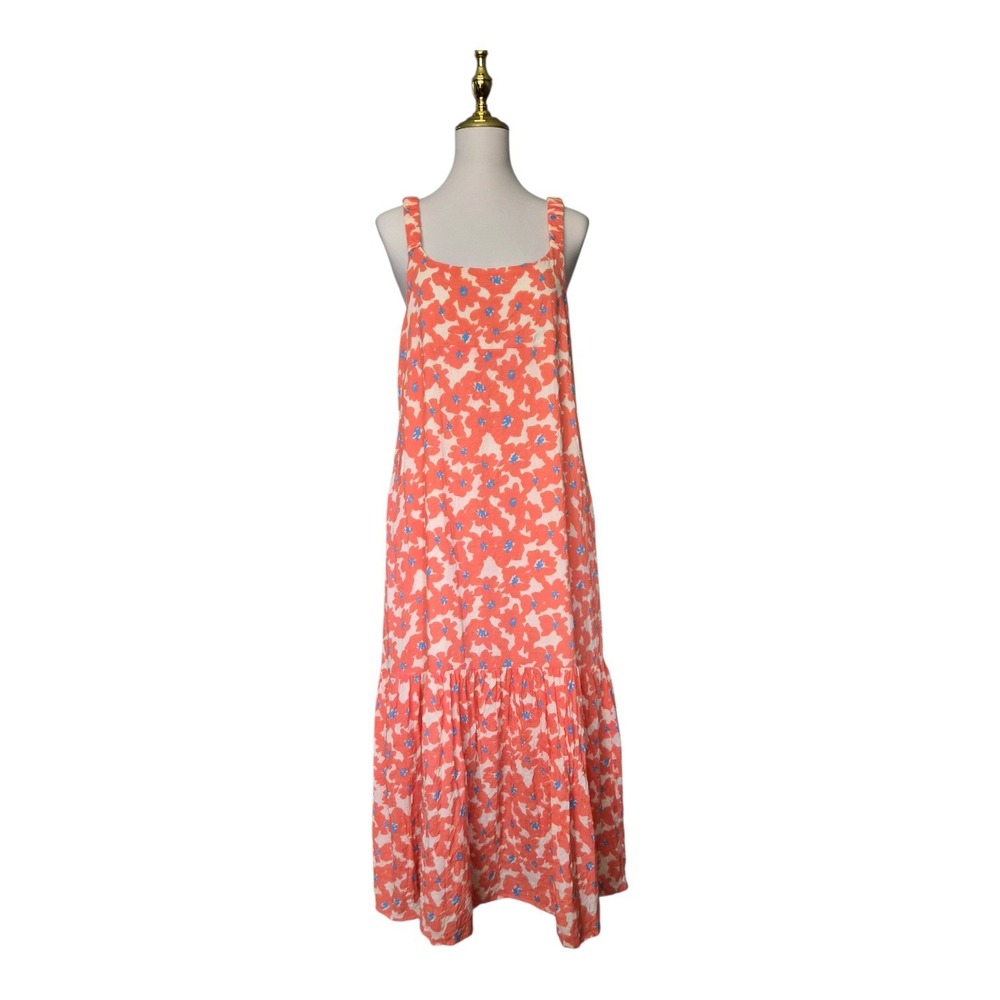 Carly Jean Los Angeles Floral Midi Dress‎ Orange Blue Tiered Scoop Neck L